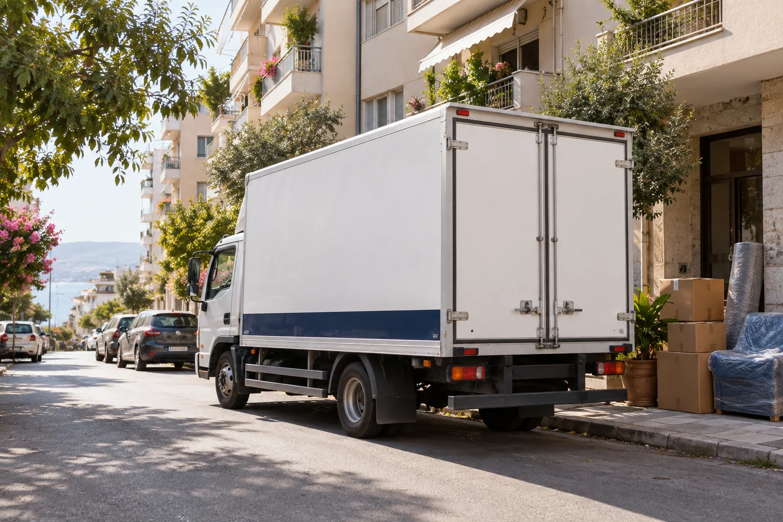 Eğimli bir sokakta kapalı kasa kamyon, koliler ve örtülü mobilyalar; temsili taşınma sahnesi