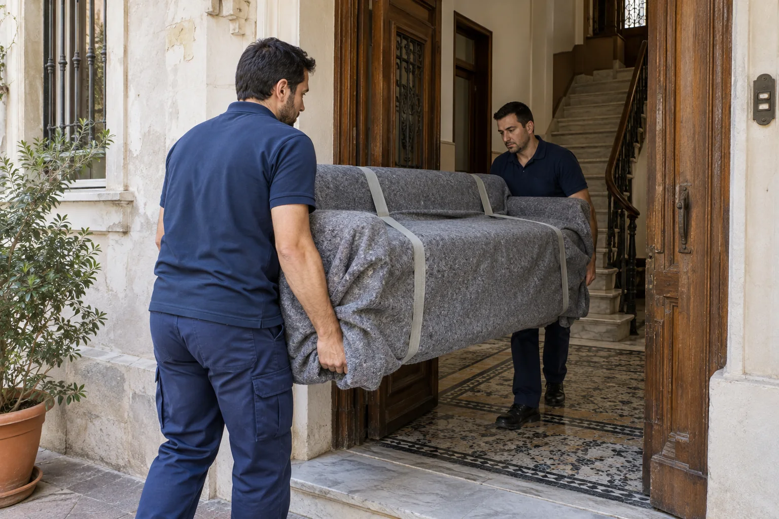 Tarihi görünümlü bir bina girişinden örtülü kanepe taşıyan iki kişi; temsili taşınma sahnesi